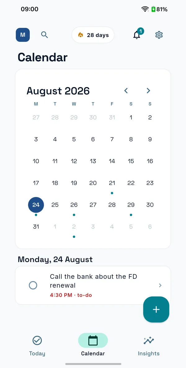 The LIVONSA calendar with reminders pinned to dates and a day-by-day agenda below