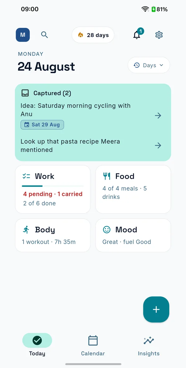 The LIVONSA Today screen: what you did, what you learnt and what you plan for tomorrow, with mood and energy ratings