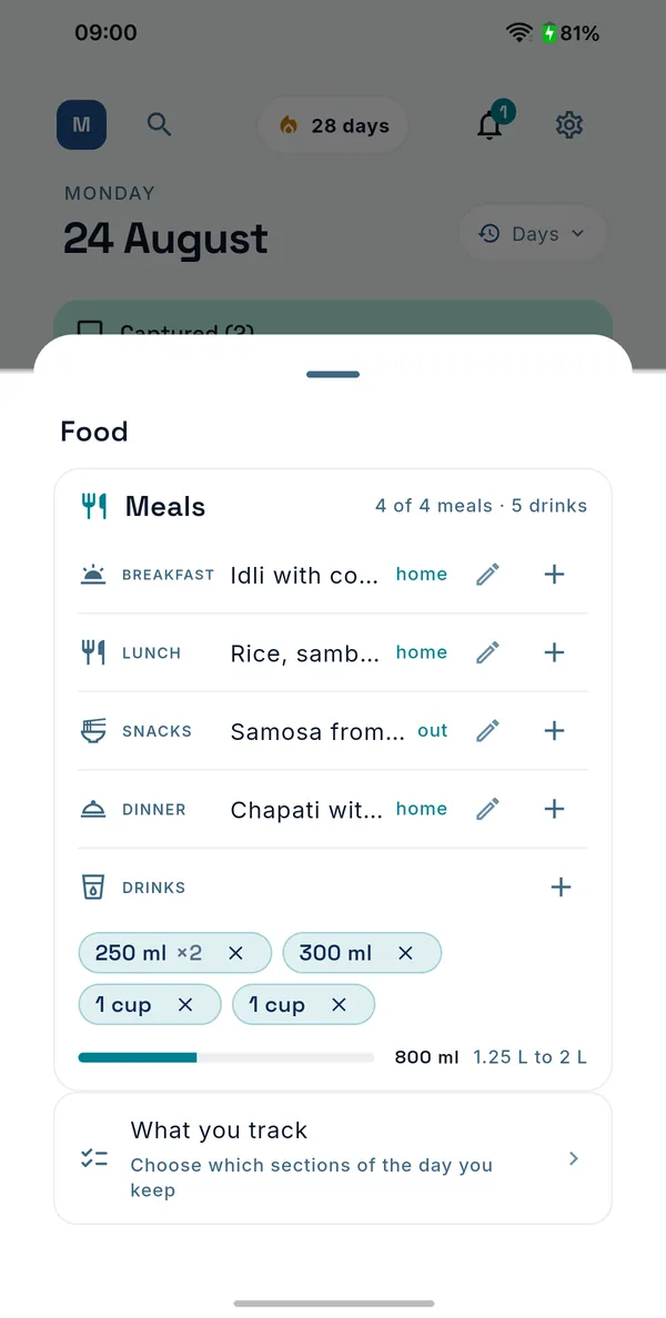 The LIVONSA health log with meals marked home-cooked or eaten out, and water, tea, coffee and sugary drinks logged in ml and cups