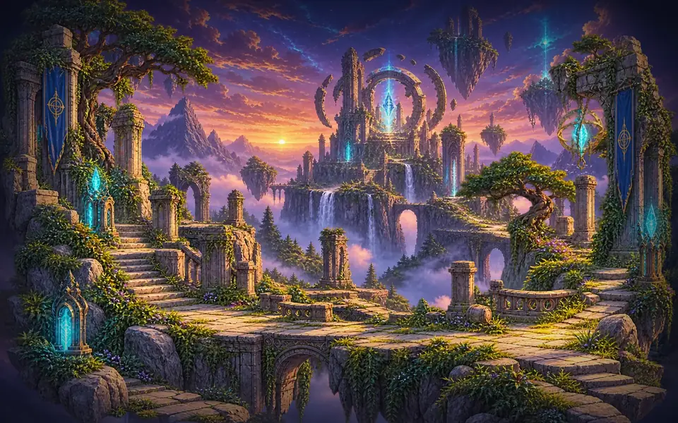 The Ancient Ruins in The Lost Realm — a sunlit ruined city with floating islands and a great stone arch