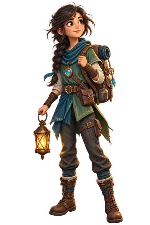 Ari, the young explorer you play as in The Lost Realm, standing with her cloak and satchel