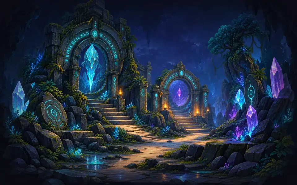 The Crystal Cave in The Lost Realm — a cavern lit by tall glowing crystals