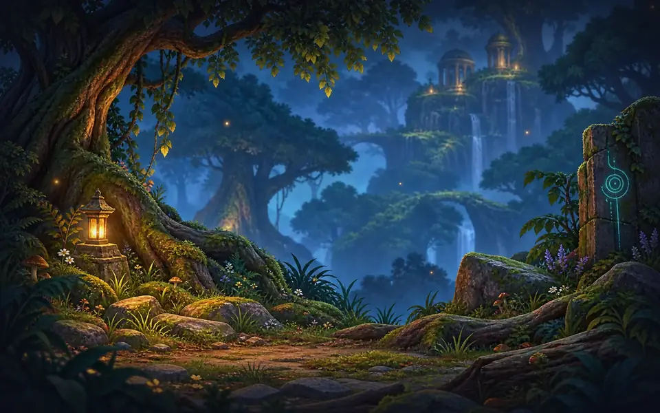 The Enchanted Forest in The Lost Realm — towering moss-lit trees with carved marks on their trunks