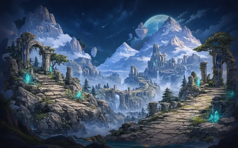 The Forgotten Mountain in The Lost Realm — a high pass under a cold sky with a bridge across a chasm