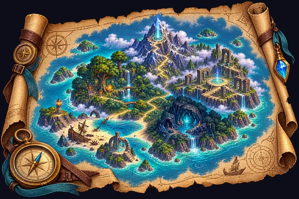 The painted island map of The Lost Realm, showing the five locations connected by a winding path