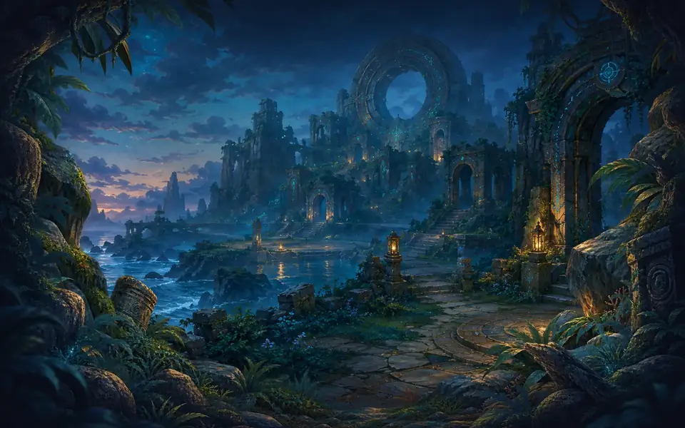 The Mysterious Shore in The Lost Realm — moonlit coastal ruins above a dark sea, three paths leading inland